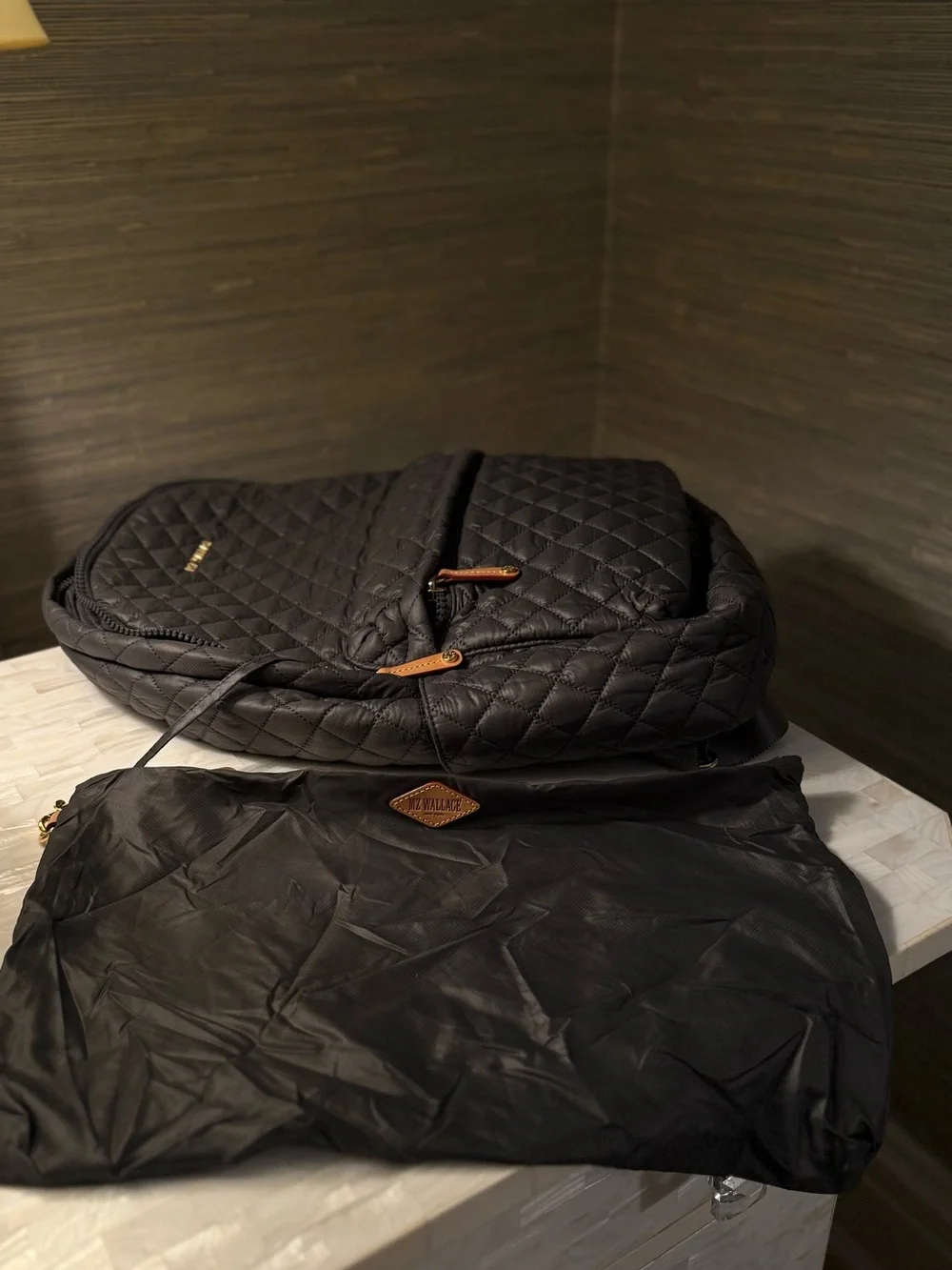 MZ Wallace Quilted Backpack with Tan Accents